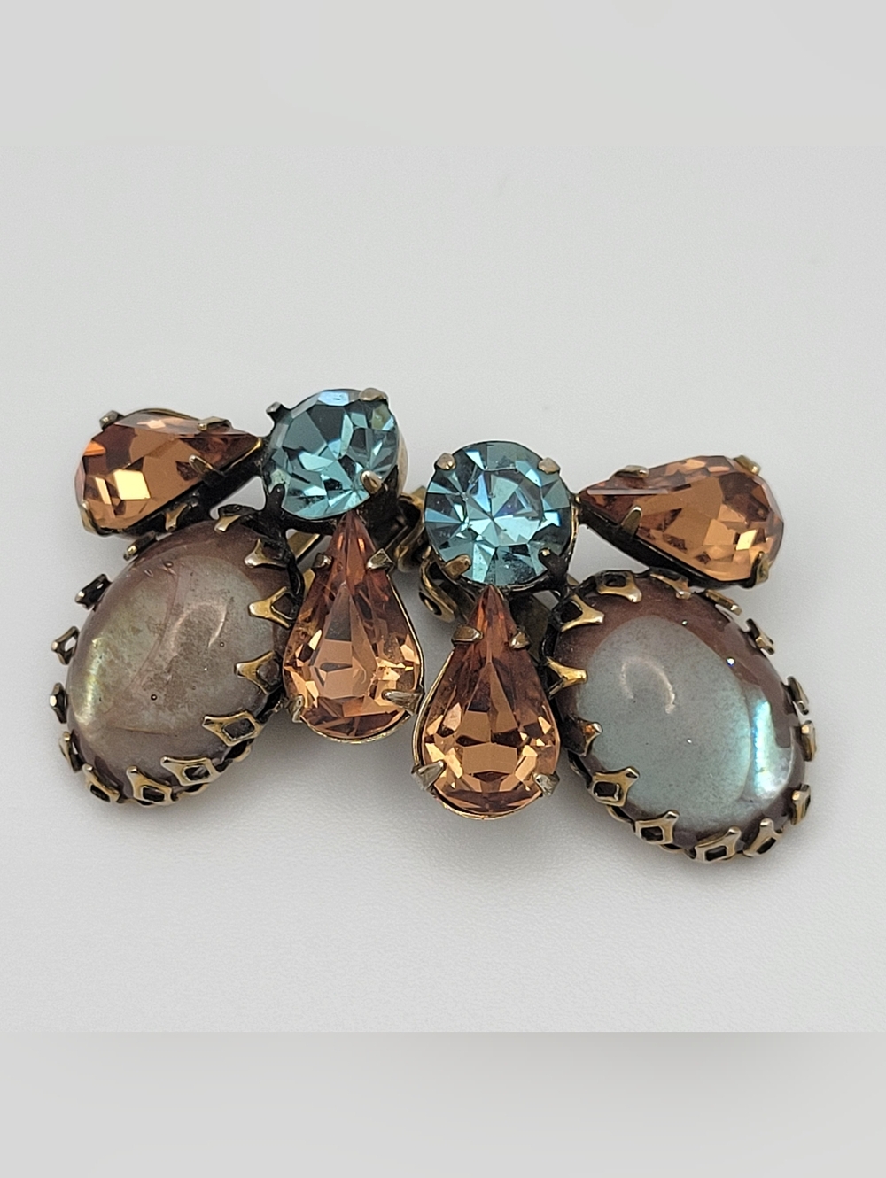 Vintage Regency Style Saphiret Clip Earrings Amber Teal Rhinestone Cluster c1950